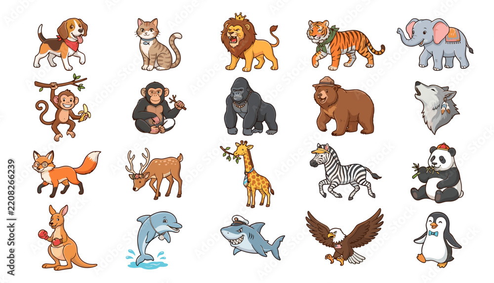 Obraz premium Animal Icons Set with Cartoon Illustrations, Featuring Diverse Wildlife
