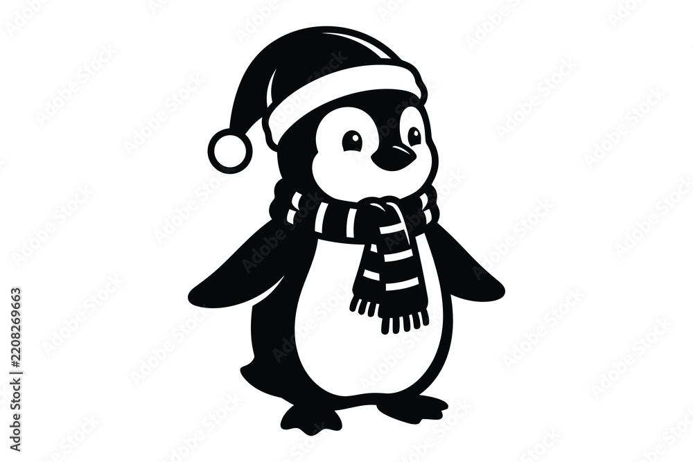 Obraz premium Charming winter penguin illustration wearing a hat and striped scarf on a white background
