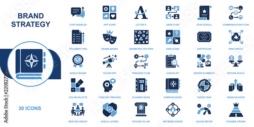 Comprehensive collection of blue business strategy icons for digital marketing and corporate development projects design