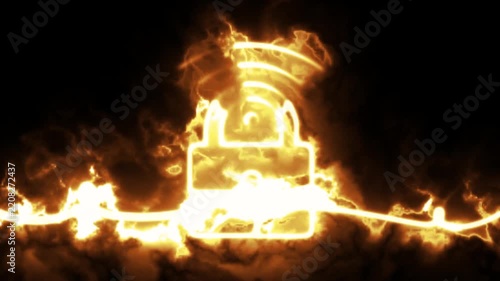 Glowing lock animation traces a bright line drawn padlock with fiery light, smoke, and flickering energy against a dark background. 4K animation.
