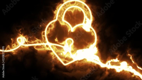 Glowing lock animation traces a bright line drawn padlock with fiery light, smoke, and flickering energy against a dark background. 4K animation.