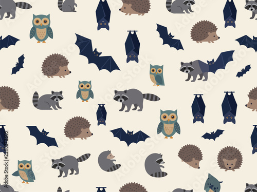 Owls, bats, hedgehogs and raccoons seamless pattern on cream background