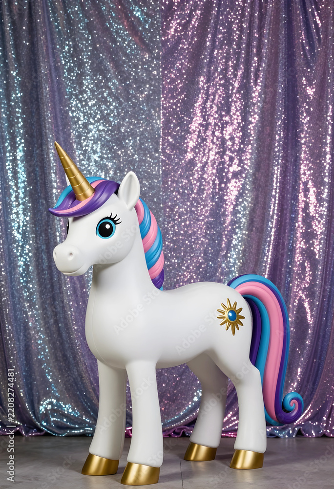 Obraz premium Fantasy and childhood imagination, unicorn toy with colorful mane and golden horn standing in front of a shimmering purple sequin fabric background