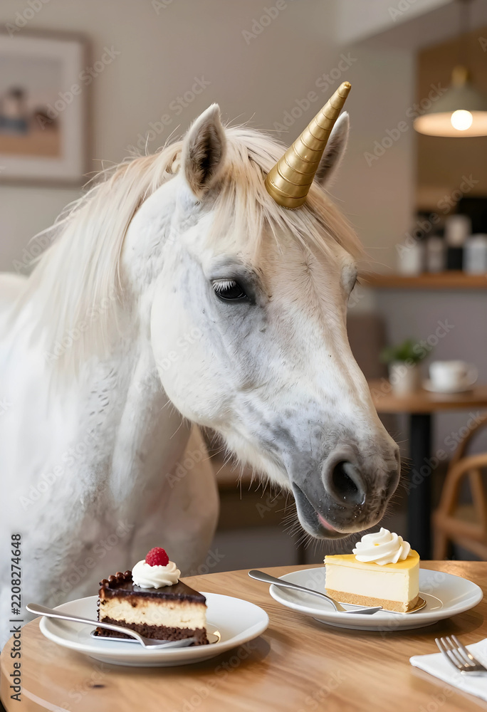 Obraz premium Fantasy and imagination concept, white unicorn eating cheesecake at a cafe table with dessert plates and forks in a cozy indoor restaurant setting