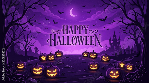 Spooky Halloween Night Landscape Featuring Glowing Jack O Lantern Pumpkins Under A Moonlit Purple Sky