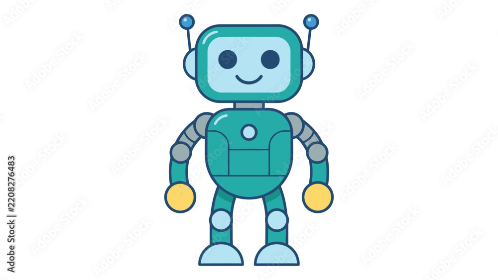 Obraz premium A teal robot illustration features a friendly face and articulated limbs