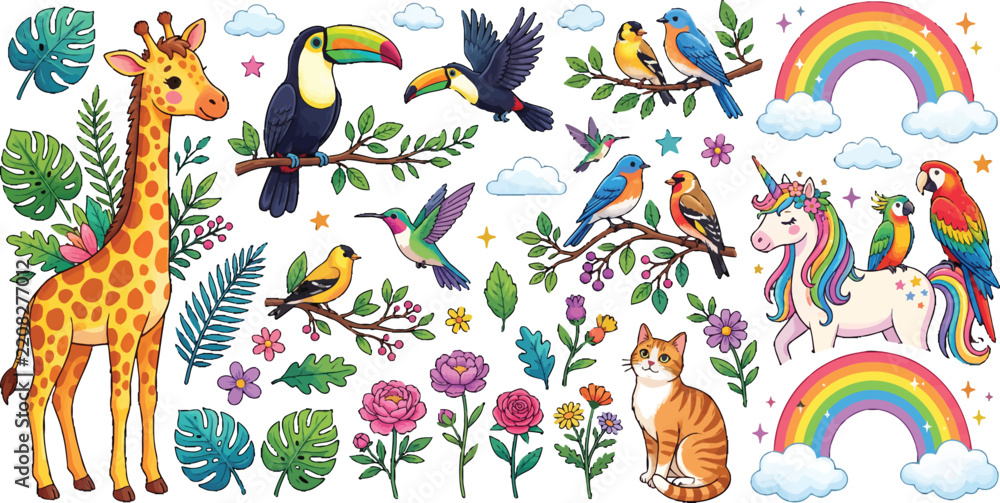Fototapeta premium Cute Animal and Nature Sticker Set with Giraffe Unicorn Toucan and Floral Elements Vector Illustration
