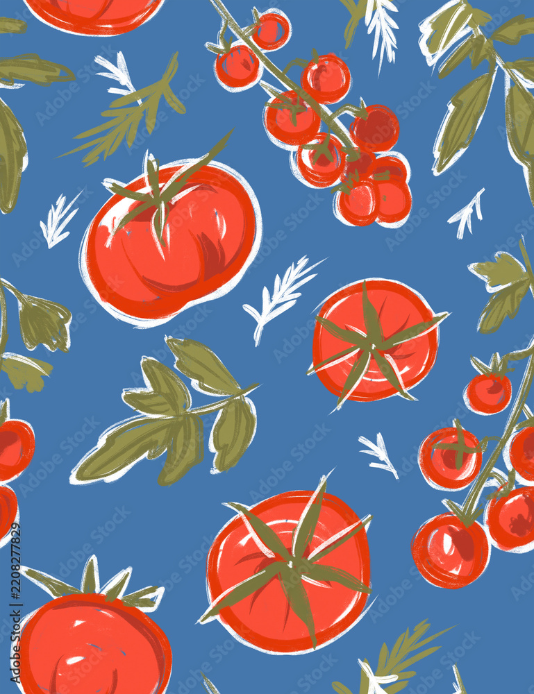 Fototapeta premium Seamless background pattern with hand drawn red tomatoes and green leaves