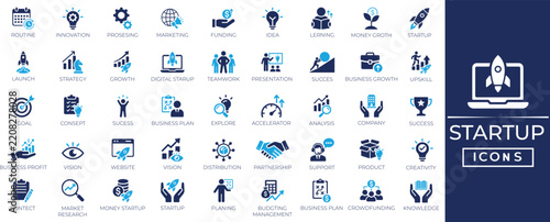 Startup solid icon set featuring business innovation, strategy, investment, leadership, marketing growth, and finance symbols. Vector illustration. 
