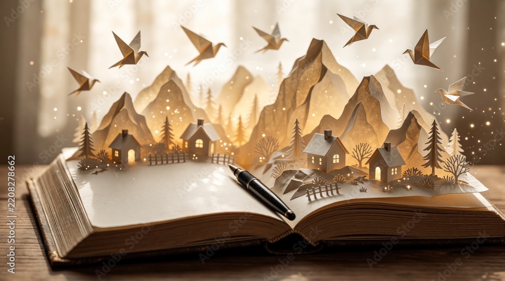 Obraz premium Open book with paper craft world inside. Tiny mountains, houses, origami birds rise from pages. Magic story comes to life with soft light, sparkles. Dreamy fantasy landscape for literature, poetry