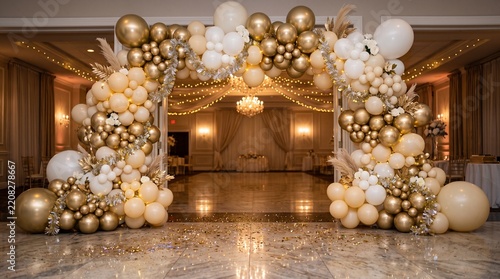 Gold and cream balloon archway decoration for a wedding reception venue