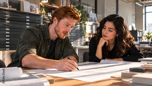 Young man explaining strategy to a woman, having a casual business meeting in a contemporary workspace with blueprints and natural light.