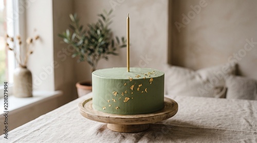 Sage green birthday cake with a single candle on a wooden stand in a home