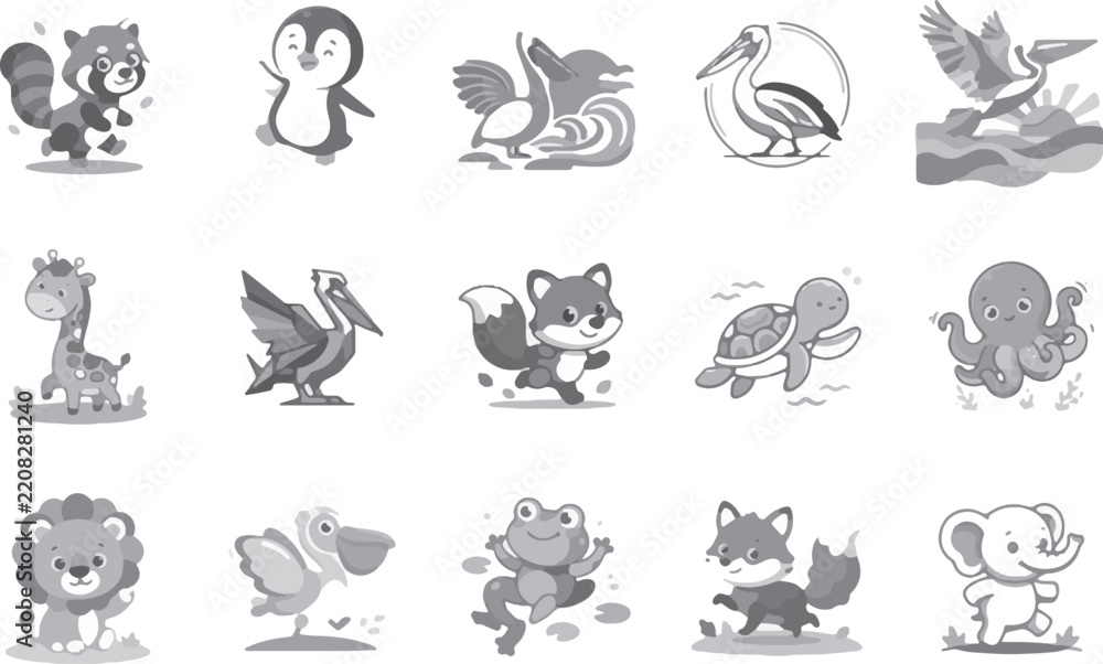 Obraz premium Monochrome animal collection vector graphic set featuring various wildlife characters in gray shades.
