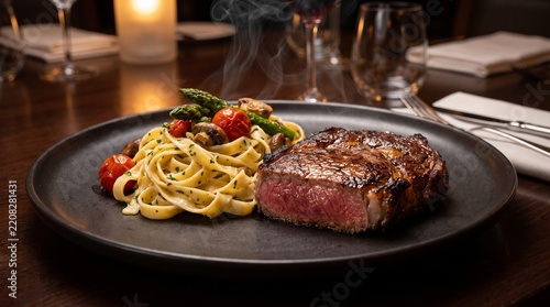 Juicy steak served on a dark plate alongside creamy pasta with cherry tomatoes and asparagus.
