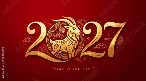 Chinese New Year 2027 Year of the Goat | Elegant Golden Goat Zodiac Symbol with Decorative Numbers on Red Background | Chinese New Year 2027 Year of the Fire Goat