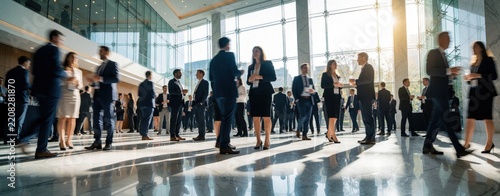 Diverse business people network in modern conference hall during corporate event. Professionals engage in communication, exchange ideas at large seminar. Crowd moves through bright sunlit lobby with