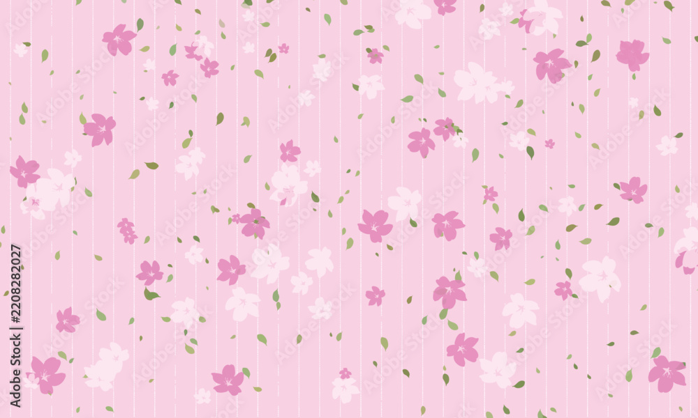 Naklejka premium cute seamless vector pattern featuring floating pink cherry blossom petals on striped pastel background