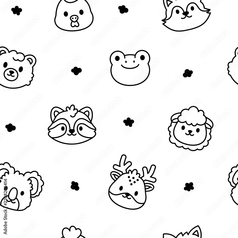 Fototapeta premium Animal face seamless pattern set featuring fox frog raccoon sheep koala deer cloud chicken bear head ear eye nose character