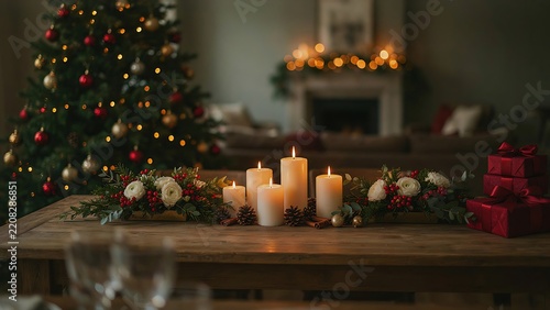A sophisticated Christmas table arrangement showcasing multiple pillar candles of different heights flanked by ranunculus centerpieces, created with generative AI. 