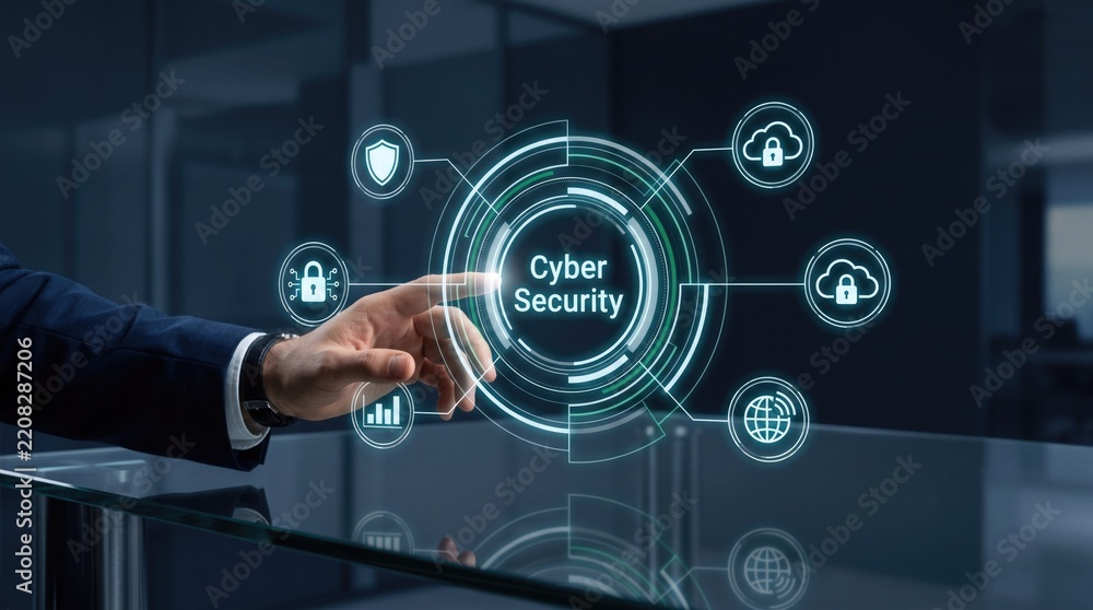 Obraz premium Cybersecurity concept with a person interacting with a digital network interface
