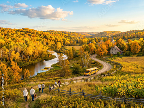 Picturesque autumn countryside landscape with a yellow school bus on a winding road, meandering river, and people walking near sunflower fields