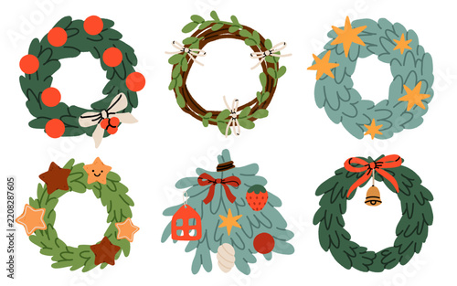 Christmas wreath collection with pine, twig, gingerbread stars, bow and bell decorations for holiday decor. Flat cartoon hand drawn vector illustration.