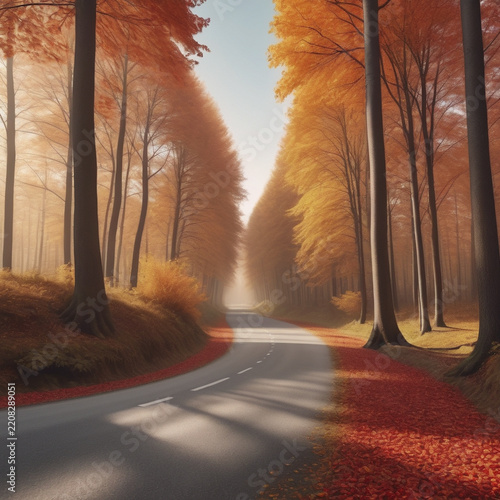 Autumn forest road surrounded by colorful fall foliage