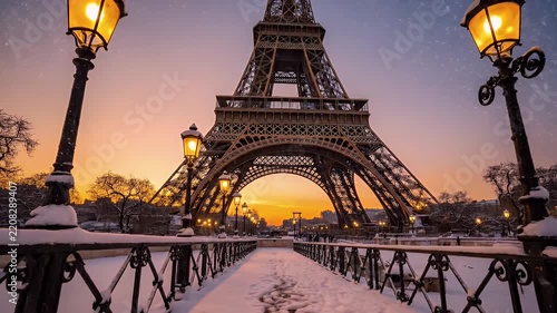 Evening view of the snowy bridge walkway leading to the Eiffel Tower in Paris with warm lamplight