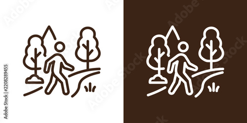 Hiking person vector icon, trekking through nature trail with trees and mountains
