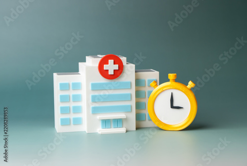 Hospital and stopwatch. Time for appointments or emergency response during critical situations. Medical service efficiency, urgent care and response deadlines. Healthcare operations, patient waiting