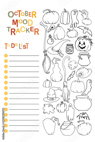 October mood tracker and to-do list template with Halloween Hand drawn doodles (pumpkins, witches' hats, cauldrons, ghosts).  line-art style, printable, editable for planners, journals, coloring