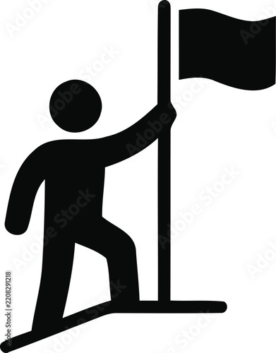Silhouette of a person planting a flag on a small hill or mound isolated on white