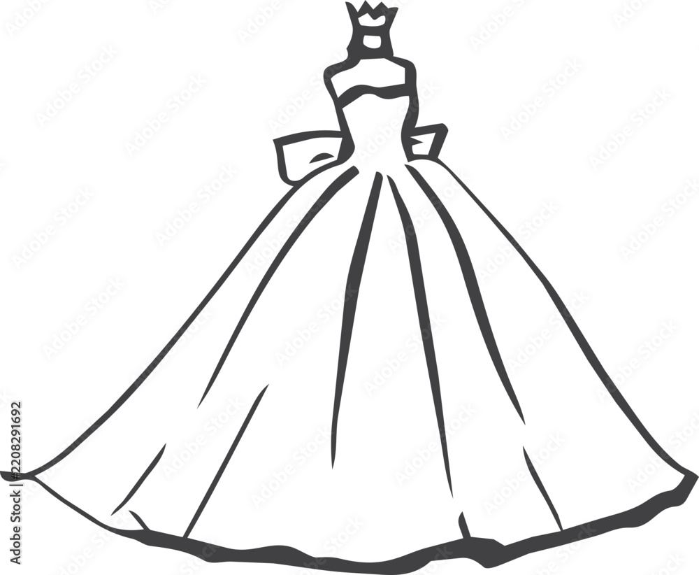Fototapeta premium Hand drawn wedding dress and bridal gown collection featuring elegant brides, long veils, flowing dresses and flower bouquets in romantic line art style.