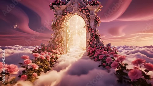 Fantastical Cloudpath Leading to a Glowing Archway Portal Amid Sunrise Pink Clouds