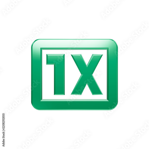 A shiny green metallic 1X text symbol centered inside a square frame against a black background, representing a multiplier, zoom level, photography scale, or basic mathematical factor concept.