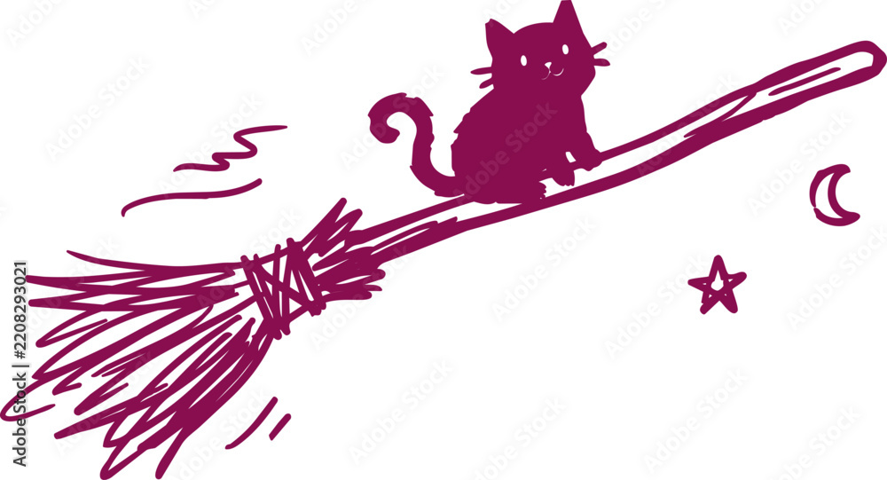 Obraz premium Cat riding a broom with moon and star accents hand drawn vector illustration