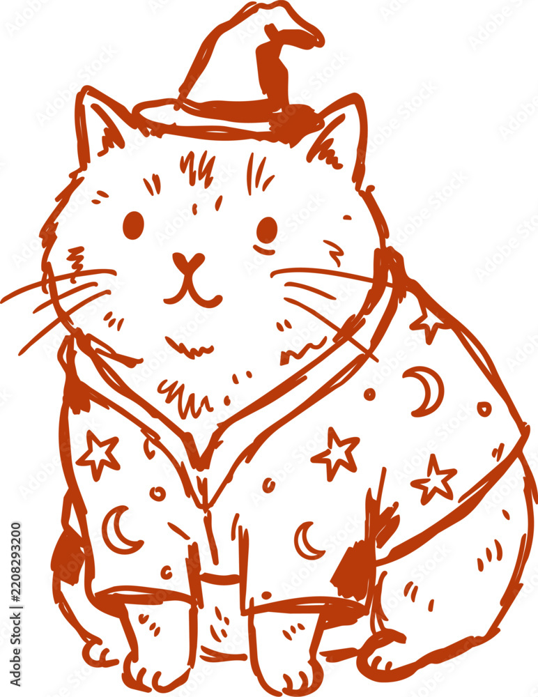 Obraz premium Cute cat wearing witch hat and moon and star patterned robe hand drawn illustration