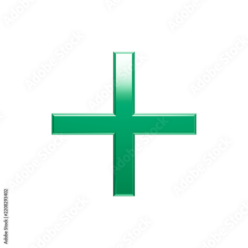 A shiny green plus sign symbol glows brightly against a solid dark black background, featuring a sleek metallic beveled texture, vertical gradient reflection, and modern digital interface aesthetics.