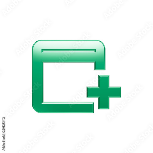 A shiny metallic green browser window icon with a plus sign symbol on a solid black background, representing web application creation, bookmarking, and digital user interface elements design.
