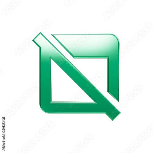 A shiny green metallic logo icon featuring a square frame crossed by a diagonal line against a solid black background, showcasing sleek modern design, clean lines, and glossy reflections.