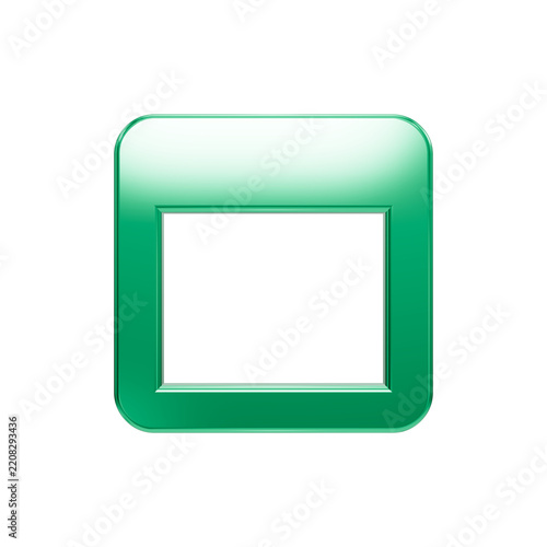 Glossy emerald green icon button with a central dark rectangular window isolated against a deep black background showcasing modern design and sleek digital interface aesthetic elements.