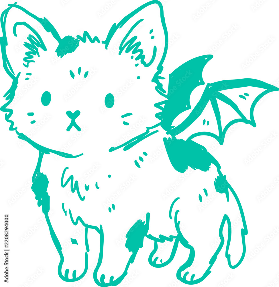 Obraz premium Cartoon illustration cute winged cat fantasy creature with bat wings hand drawn vector illustration