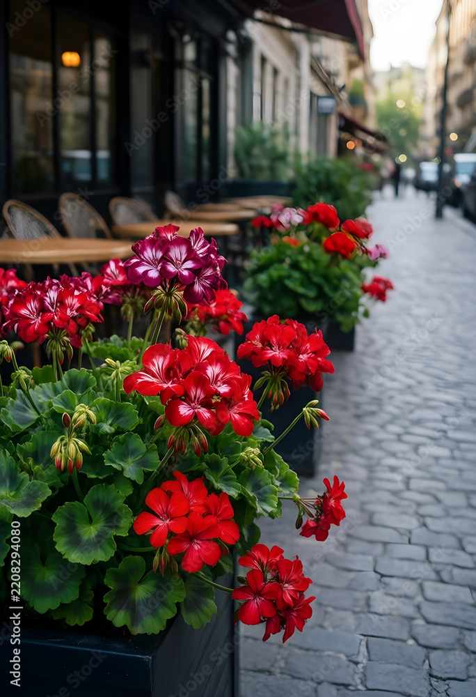 Naklejka premium Urban gardening and city lifestyle, red geranium flowers in planters on a cobblestone street outside a sidewalk cafe for travel and tourism concepts