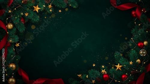 An elegant Christmas frame featuring lush pine branches, golden stars, red ribbons, and festive baubles over a dark green background, created with generative ai.