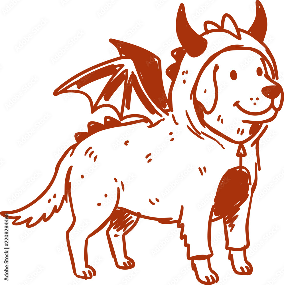 Obraz premium Winged dragon dog with horns and tail in monochrome line art illustration