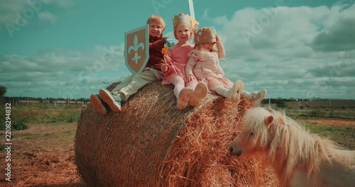 Boy and two little girls dressed as a knight and princesses sit together on a large hay bale at a farm. Happy children enjoy imaginative role play and a creative outdoor childhood. High quality 4k