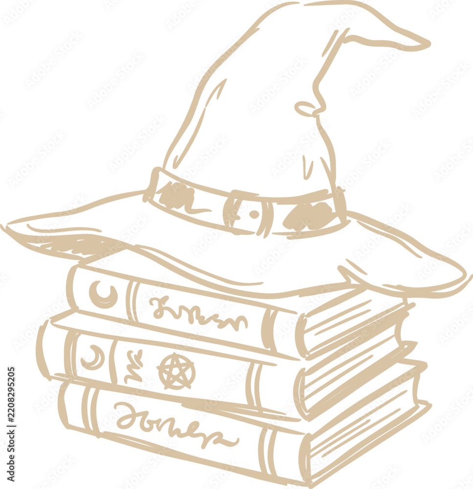Obraz premium Witch hat resting on stack of books with occult symbols in monochrome line art