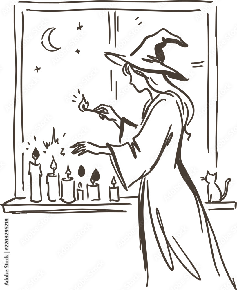 Obraz premium Witch casting a spell beside candles and cat in moonlit window line art illustration