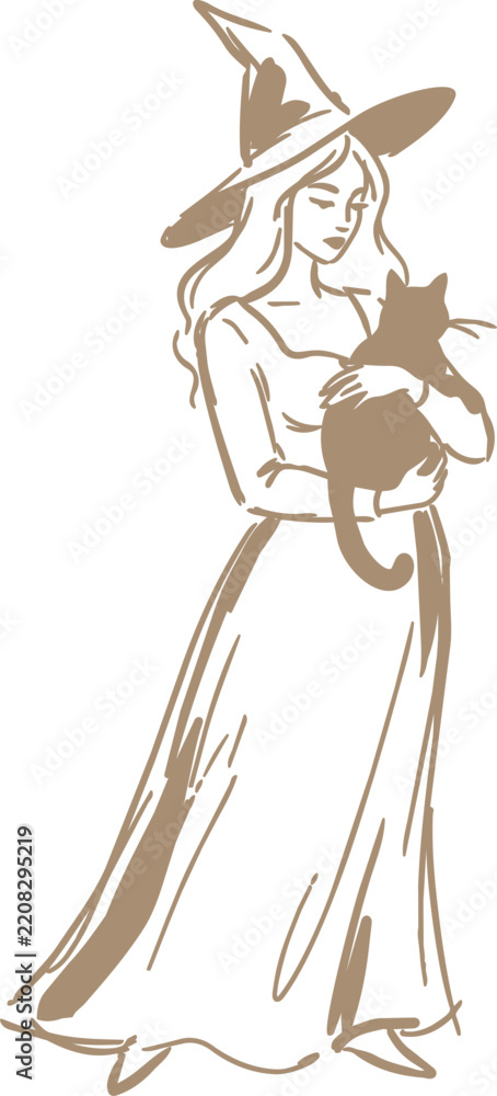 Obraz premium Woman in witch hat holding cat, flowing dress hand drawn vector illustration